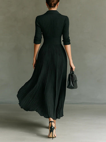 Elvira | Vestido largo plisado con solapa y cintura alta