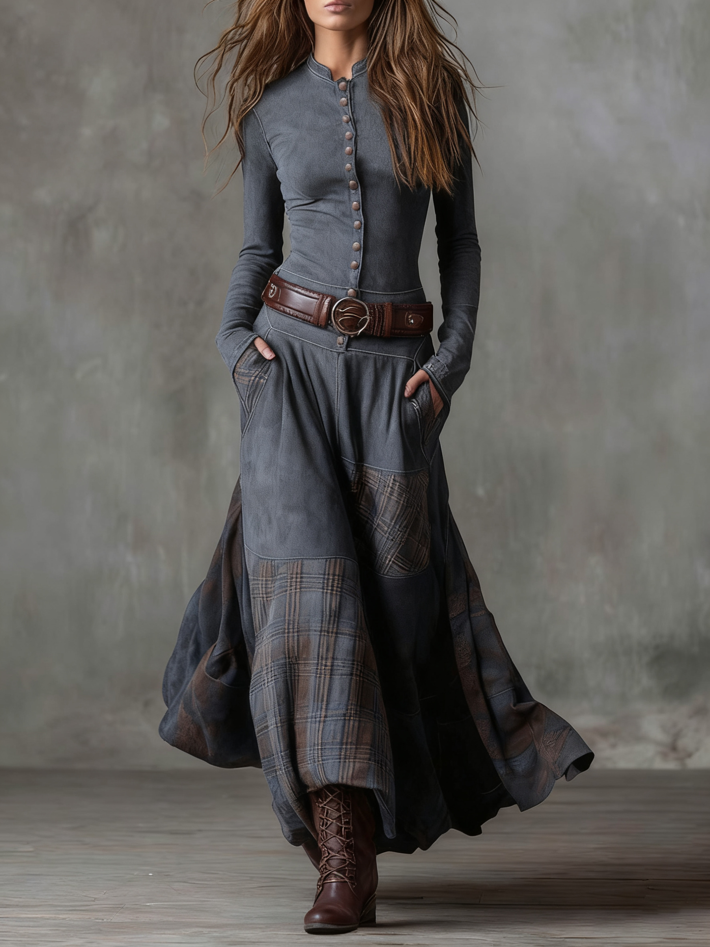 Leonora |Vestido largo vintage de ante con estampado de cuadros azul marino (incluye cinturón)