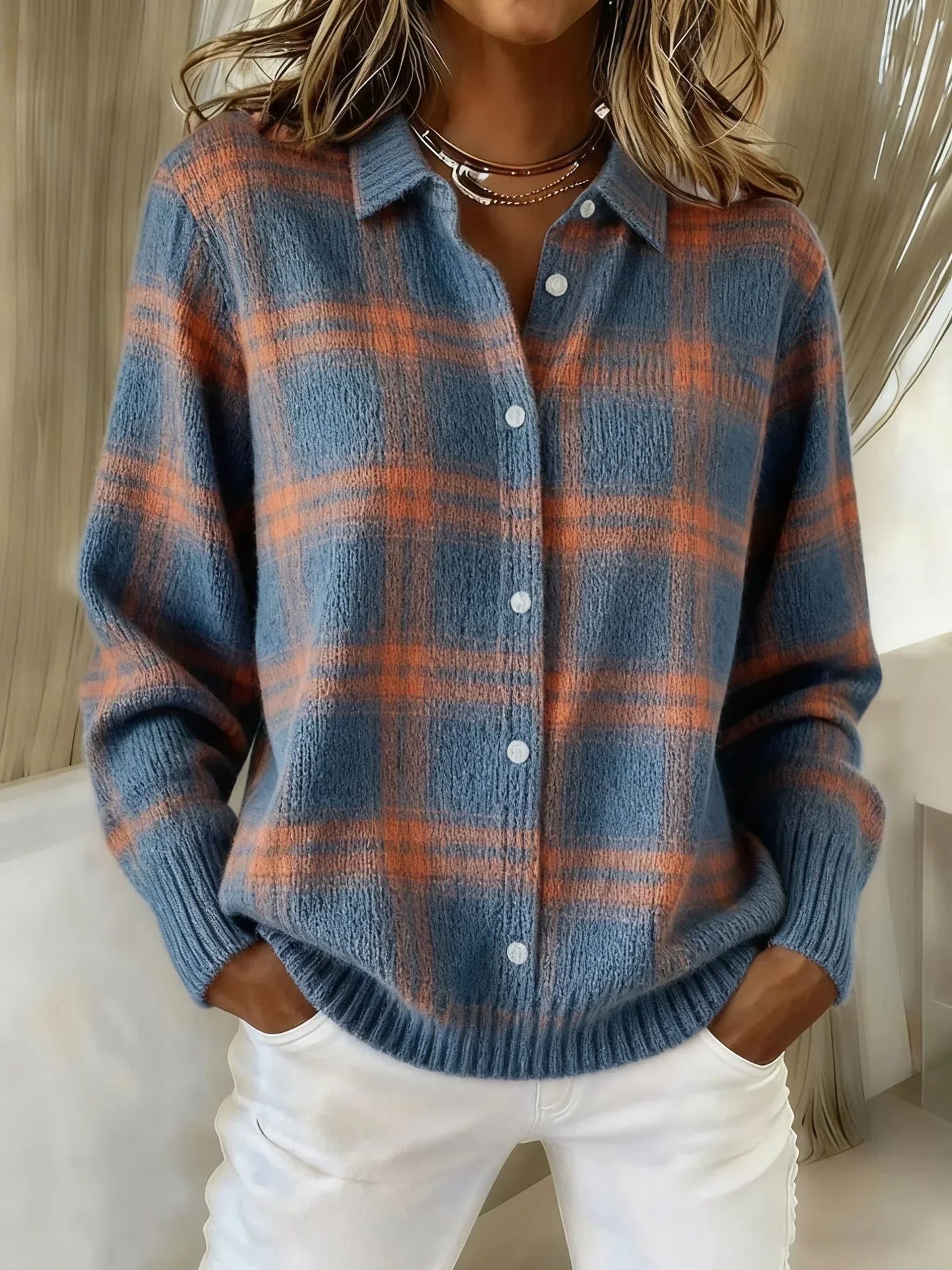 Victoria | Suéter Retro de Cuadros con Contraste Casual