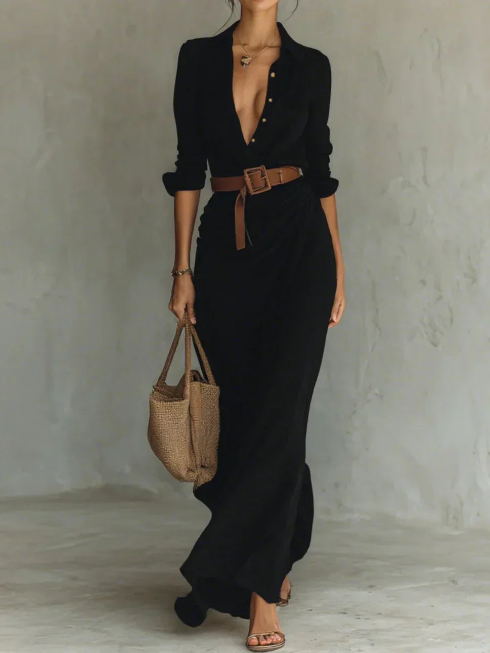 Camille | Vestido maxi con solapa y cinturón