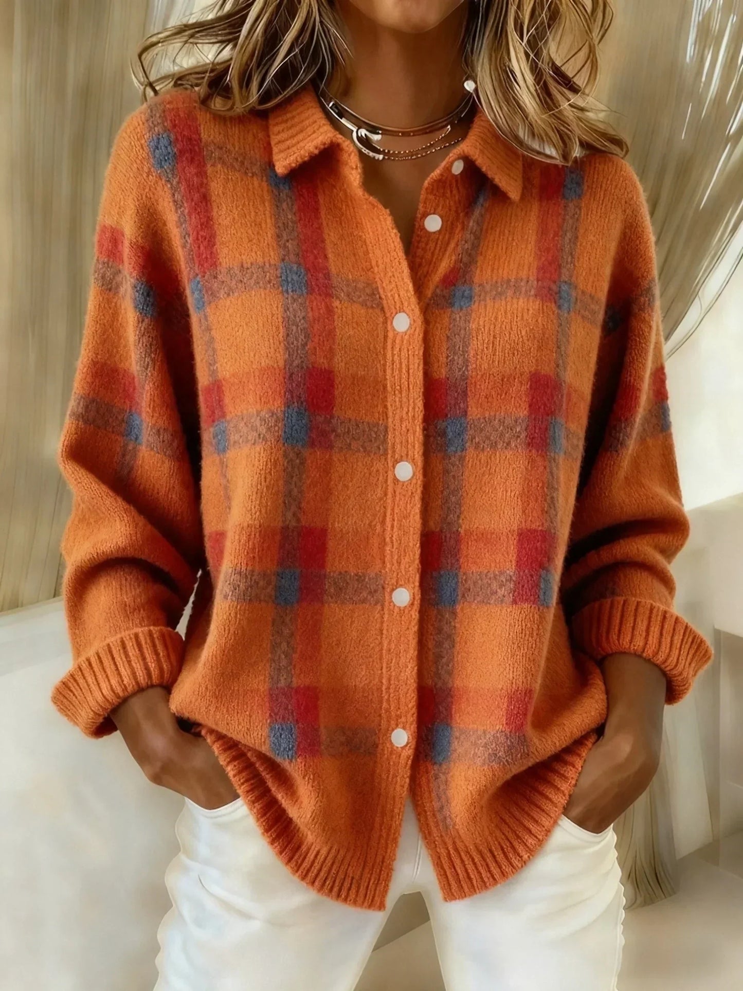 Victoria | Suéter Retro de Cuadros con Contraste Casual