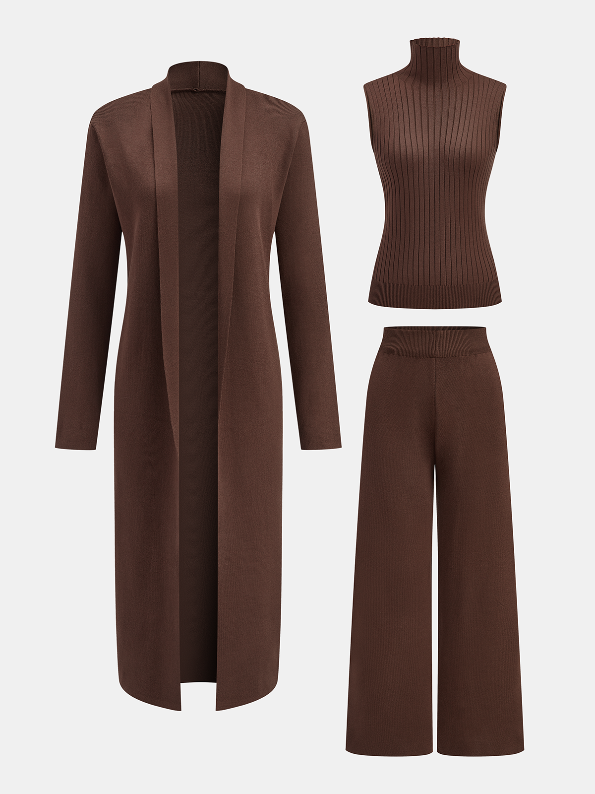 Conjunto de tres piezas con jersey de cuello alto de punto, cárdigan y pantalón