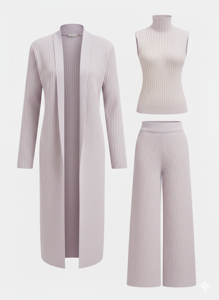 Conjunto de tres piezas con jersey de cuello alto de punto, cárdigan y pantalón