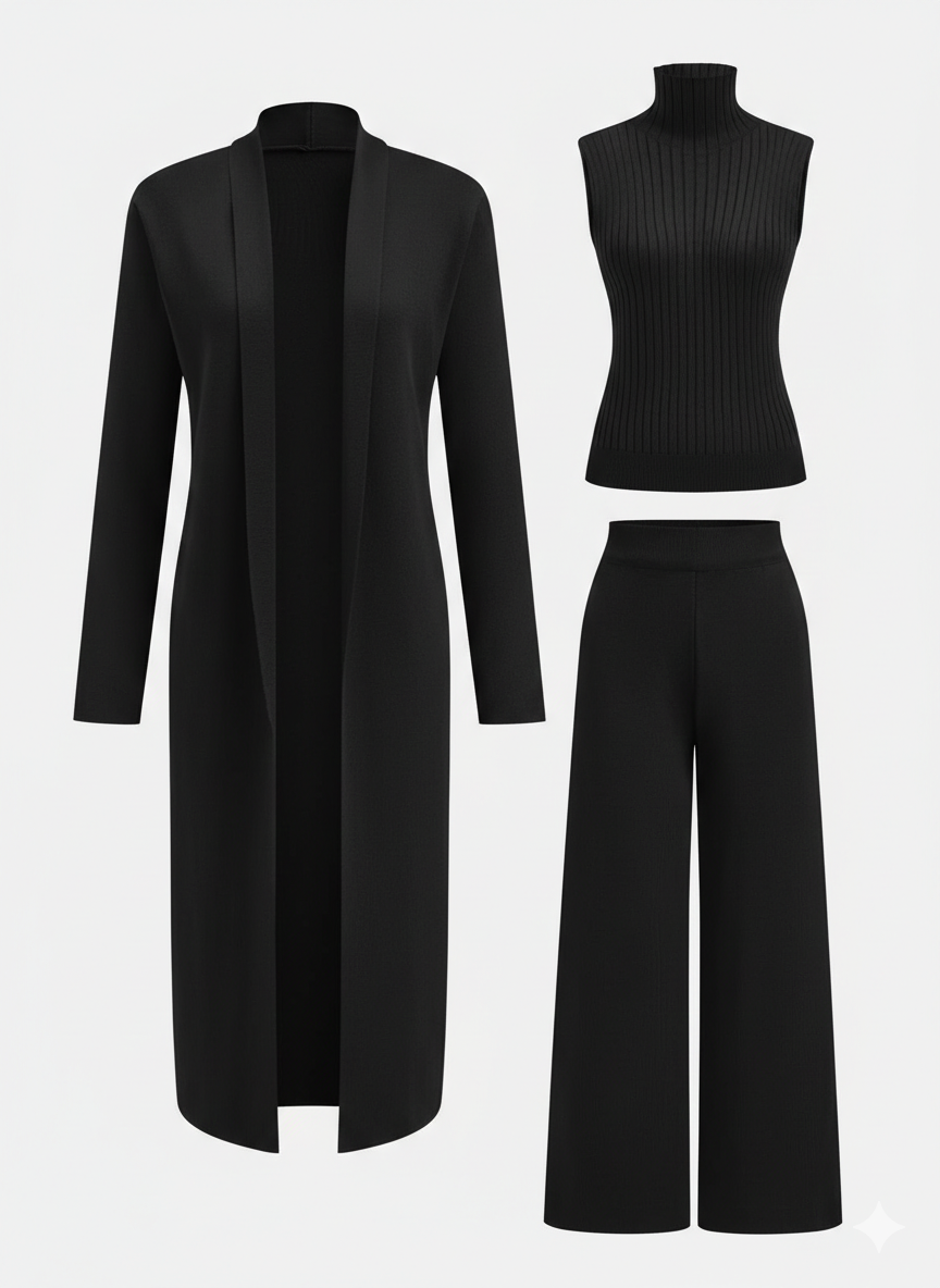 Conjunto de tres piezas con jersey de cuello alto de punto, cárdigan y pantalón