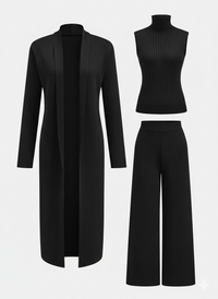 Conjunto de tres piezas con jersey de cuello alto de punto, cárdigan y pantalón