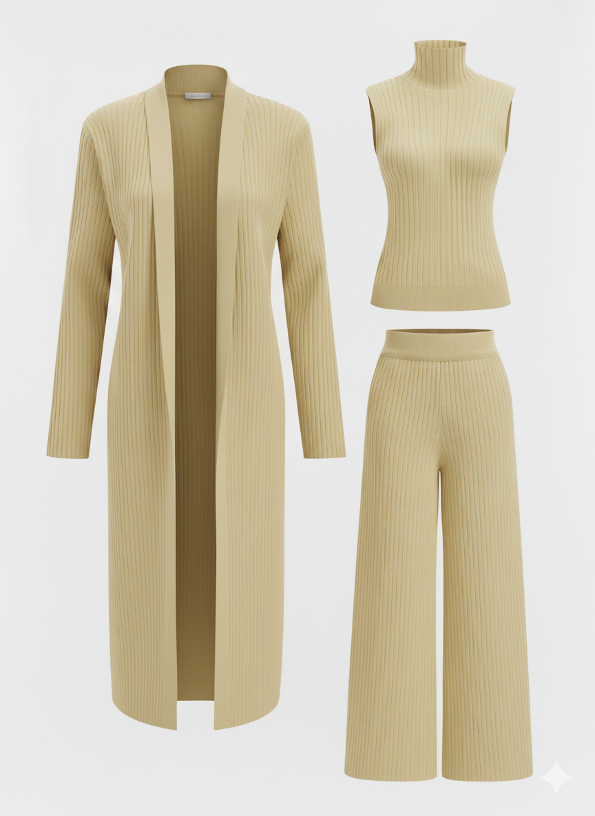 Conjunto de tres piezas con jersey de cuello alto de punto, cárdigan y pantalón
