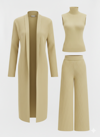 Conjunto de tres piezas con jersey de cuello alto de punto, cárdigan y pantalón