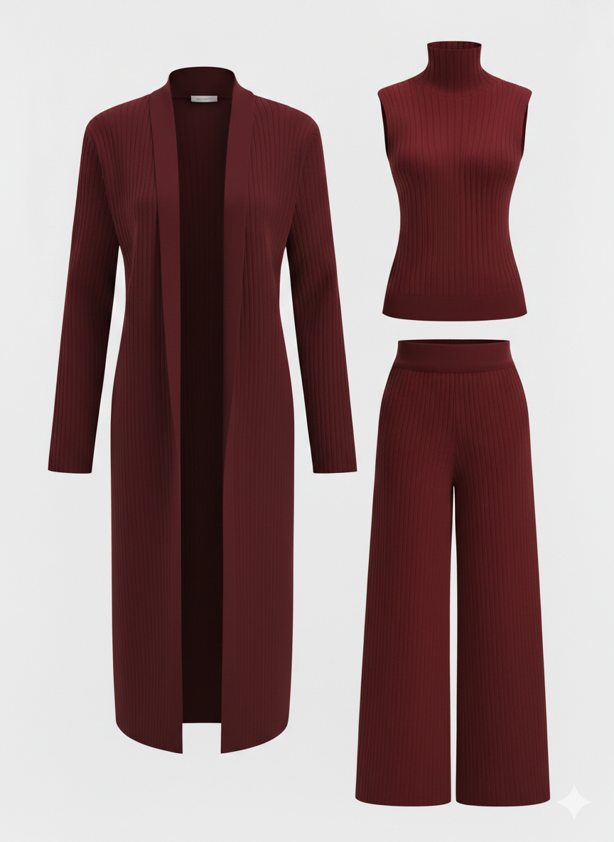 Conjunto de tres piezas con jersey de cuello alto de punto, cárdigan y pantalón