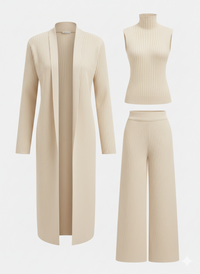 Conjunto de tres piezas con jersey de cuello alto de punto, cárdigan y pantalón