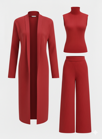 Conjunto de tres piezas con jersey de cuello alto de punto, cárdigan y pantalón