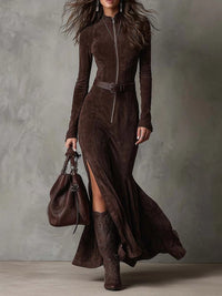 Marsella | Vestido largo marrón con cinturón