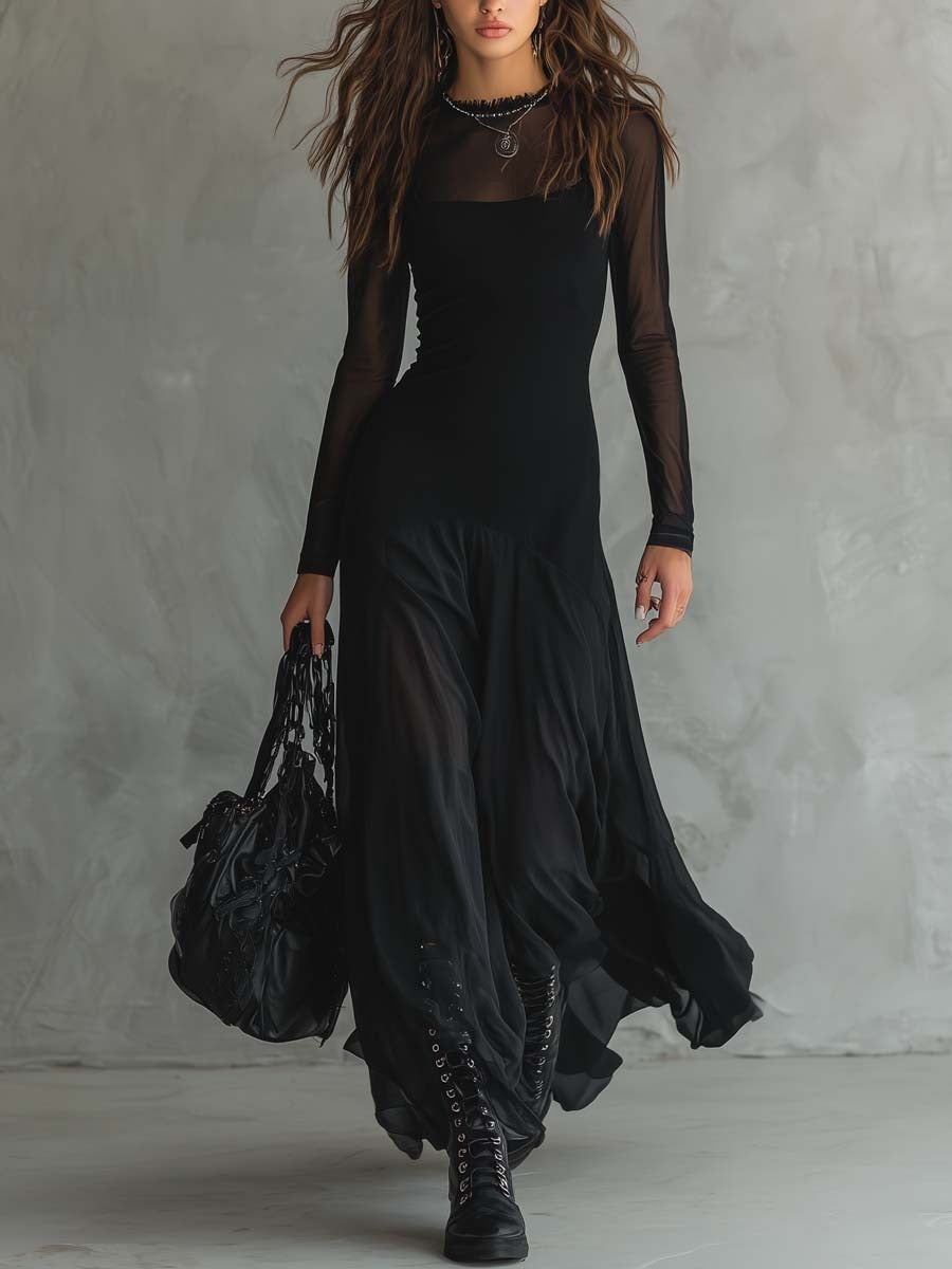 Lunaria |Vestido largo de tul negro con encanto etéreo