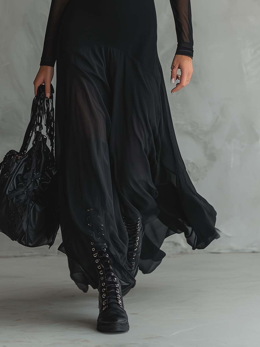 Lunaria |Vestido largo de tul negro con encanto etéreo