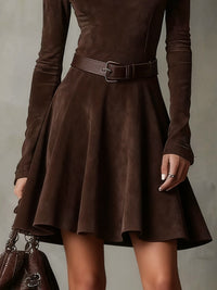 Noémie | Vestido mini vintage de ante marrón oscuro