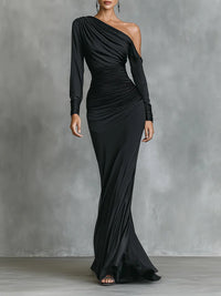 Célina | Vestido maxi satinado negro de un hombro