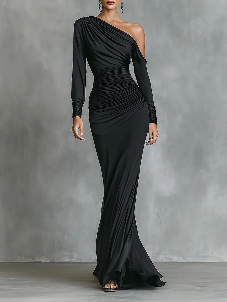 Célina | Vestido maxi satinado negro de un hombro