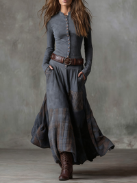 Leonora |Vestido largo vintage de ante con estampado de cuadros azul marino (incluye cinturón)