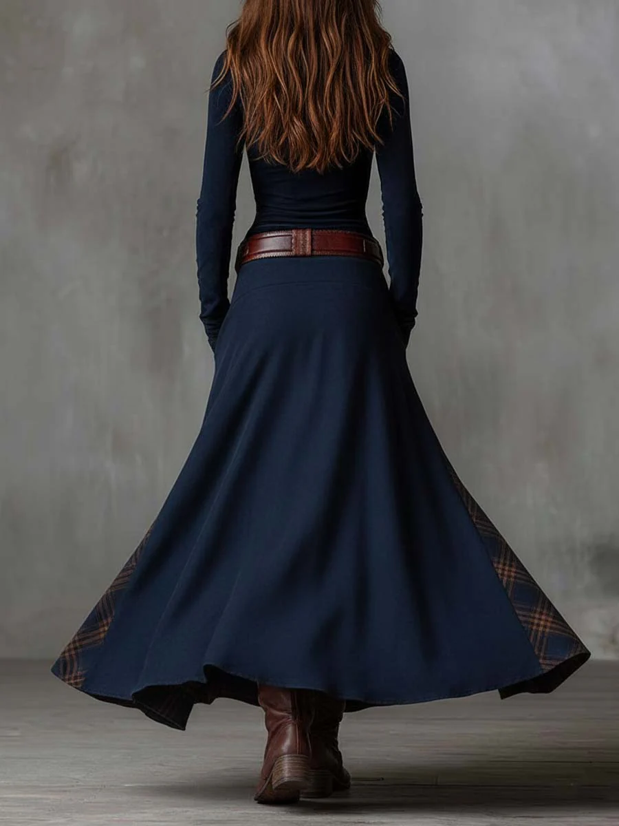 Leonora |Vestido largo vintage de ante con estampado de cuadros azul marino (incluye cinturón)