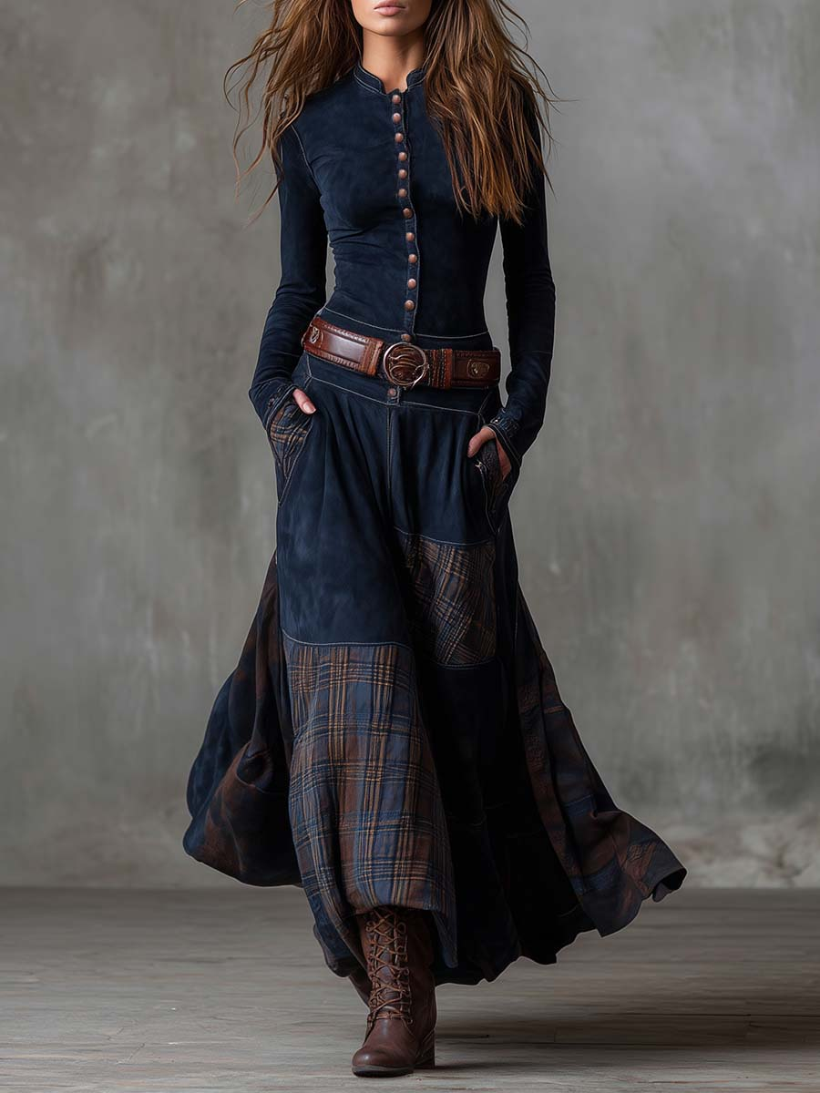 Leonora |Vestido largo vintage de ante con estampado de cuadros azul marino (incluye cinturón)