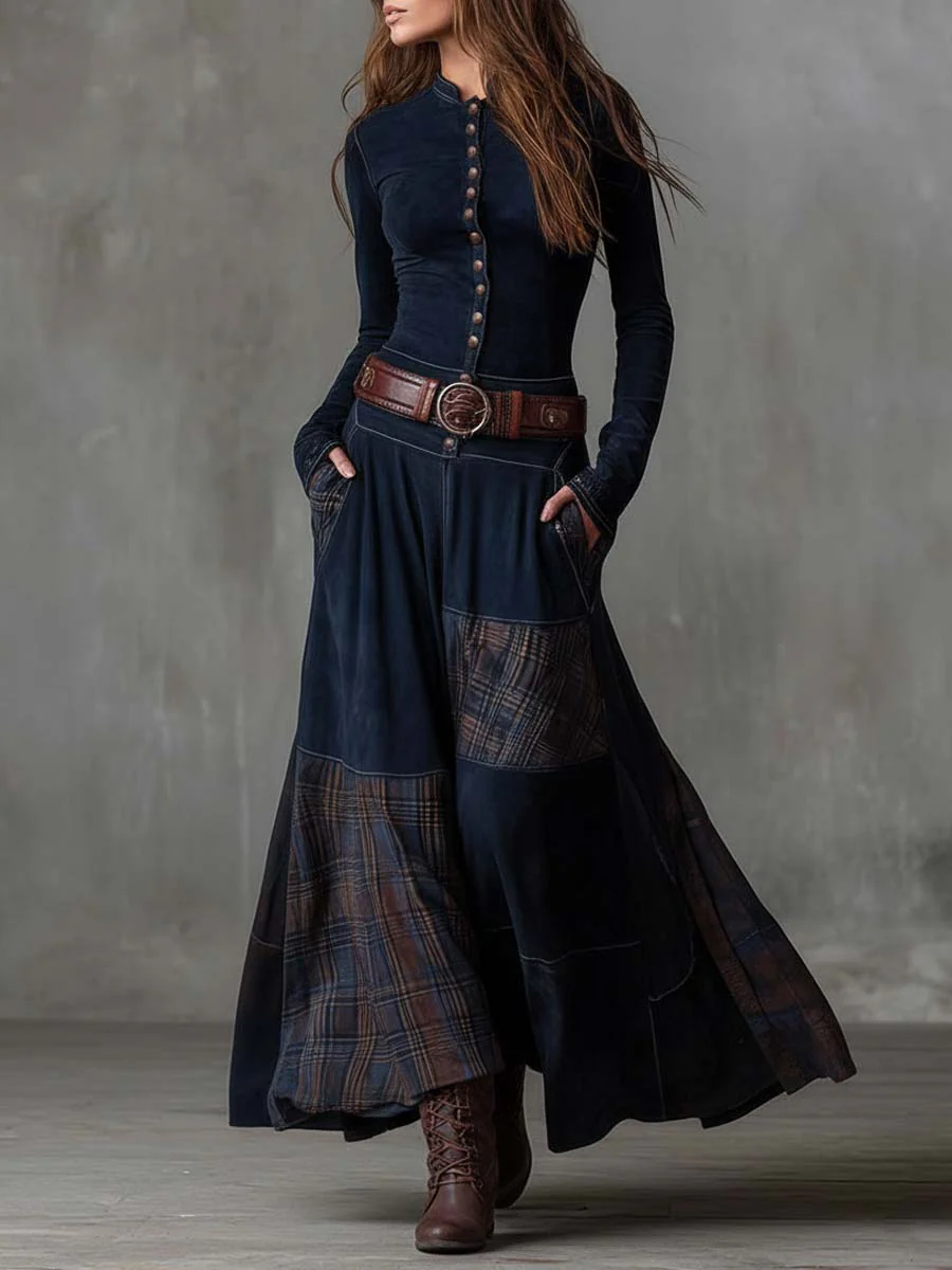 Leonora |Vestido largo vintage de ante con estampado de cuadros azul marino (incluye cinturón)