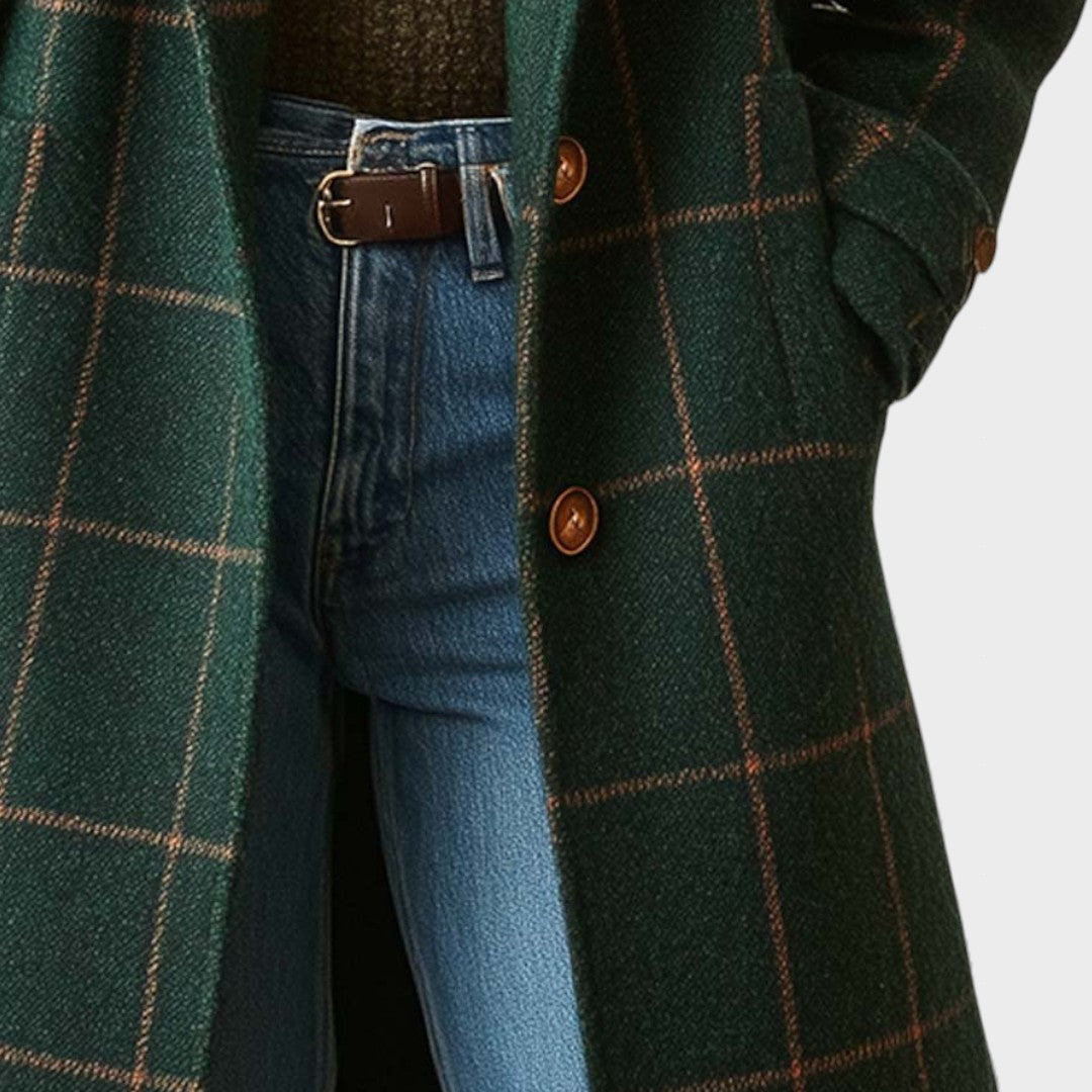 Ruby | Abrigo tweed retro de cuadros con solapa